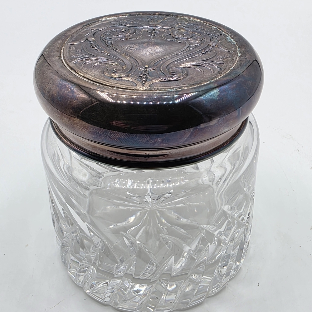 Vintage Atlantis Crystal Dresser Jar w/Silver Plated Lid Portugal Art Nouveau
